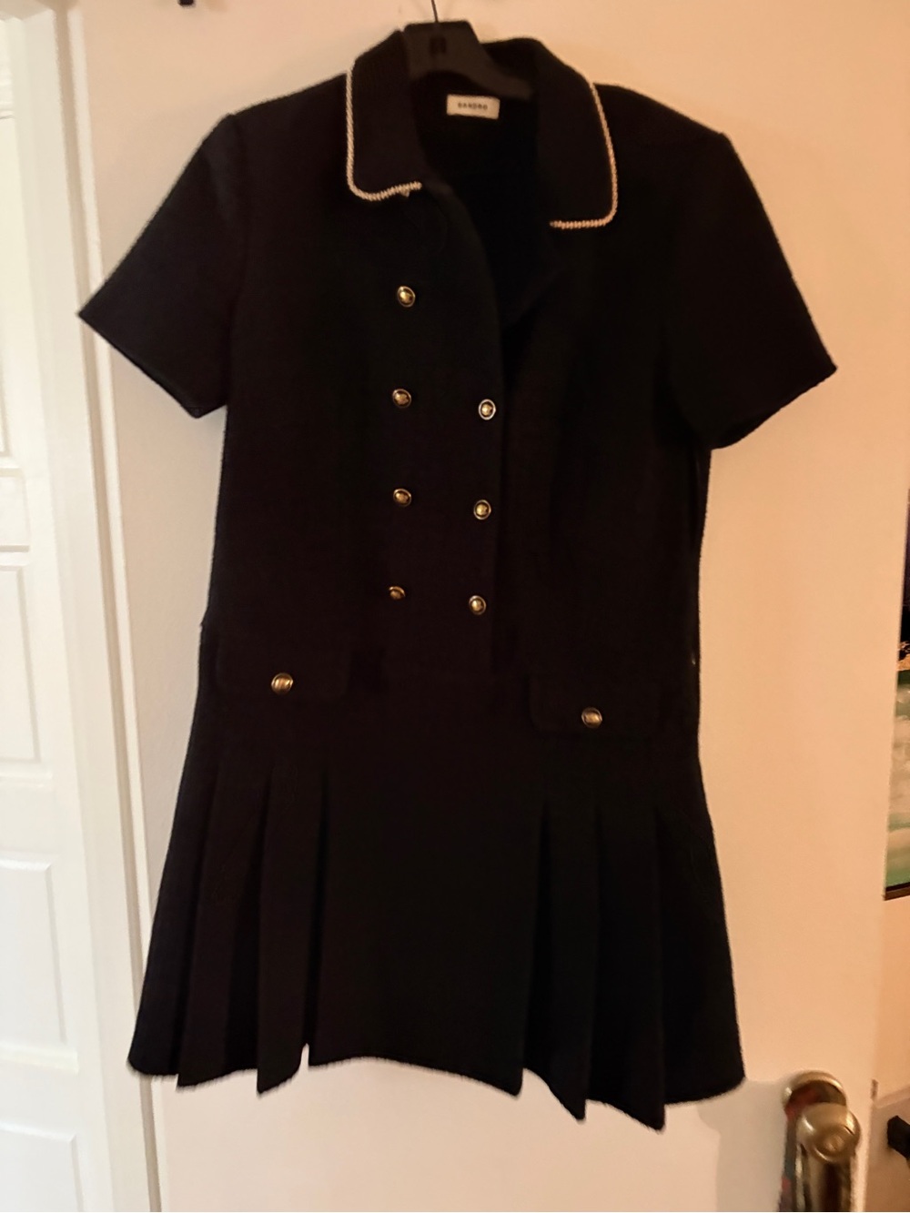 Sandro Black Short-Sleeve Pleated Dress with Contrast Trim